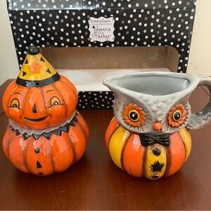 NIB JOHANNA PARKER HALLOWEEN PUMPKIN SUGAR BOWL & OWL CREAMER SET Ceramic Fall